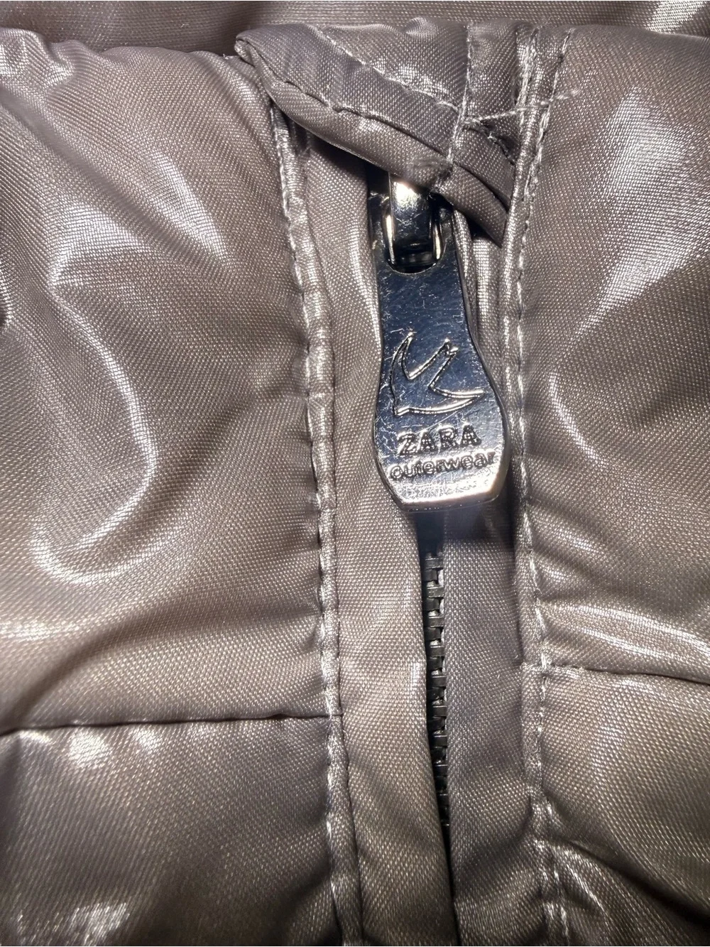 Zara Girls Gray Puffer Stitched Faux Fur Trim Hooded full zip Jacket size 13/14